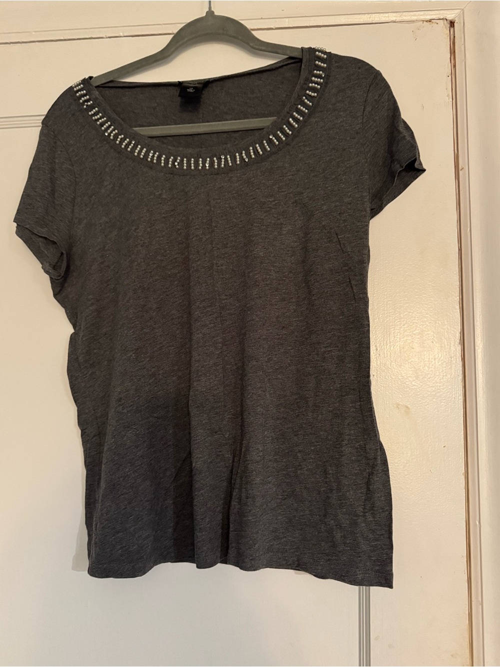 Ann Taylor Dark Charcoal Gray Short Sleeve Scoop Neck Top with Rhinestone Trim